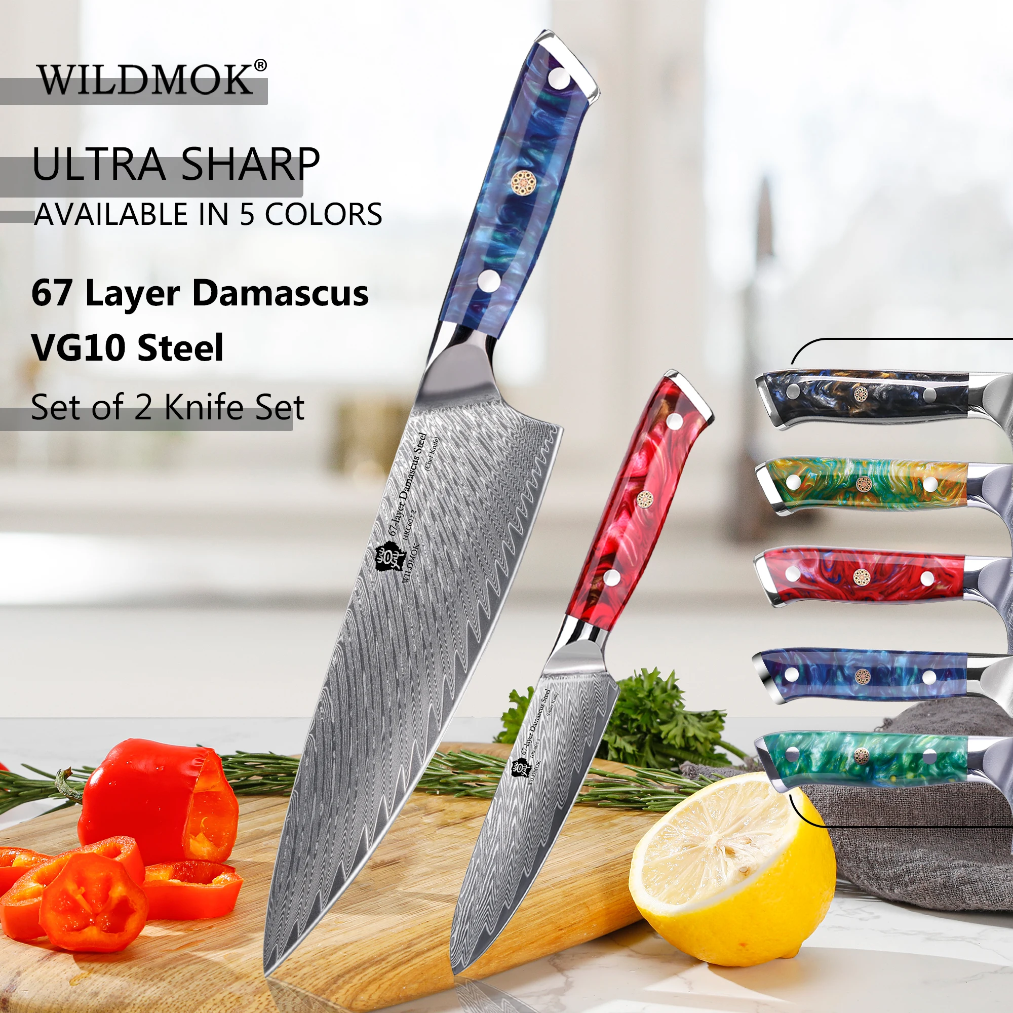 WILDMOK 2 PCS Kitchen Knife Set 67 Layers Japanese Damascus Steel High Quality VG10 Chef Utility Knives with Resin Handle
WILDMOK 2 PCS Kitchen Knife Set 67 Layers Japanese Damascus Steel High Quality VG10 Chef Utility Knives with Resin Handle