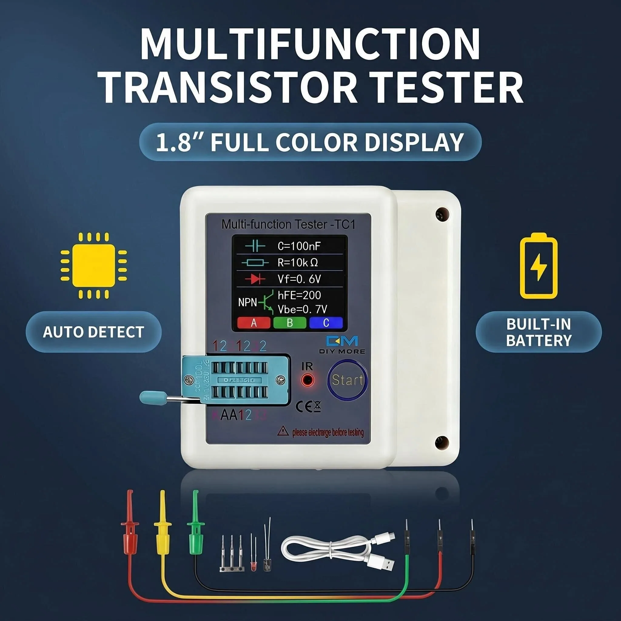 LCR-TC1 1.8" TFT Electronic Component Tester Transistor Diode Capacitor Resistor Inductor Meter with Type-C Charging
LCR-TC1 1.8" TFT Electronic Component Tester Transistor Diode Capacitor Resistor Inductor Meter with Type-C Charging
