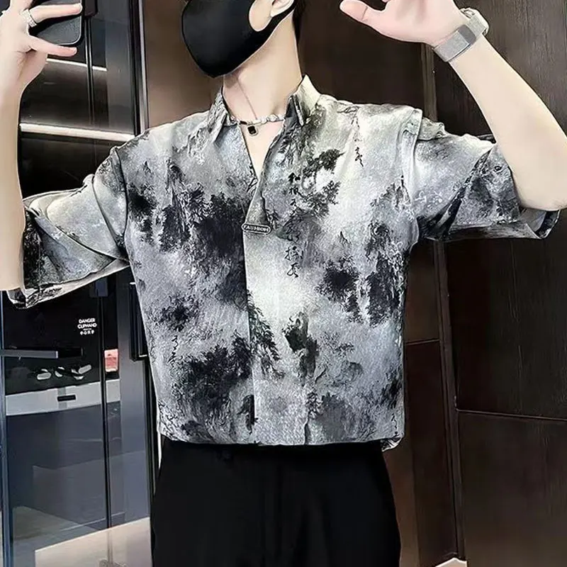 Chinese Style Ink Painting Shirts Summer Turn-down Collar Men's Clothing Casual 3/4 Sleeve Chic Vintage Printed Spliced Shirts
Chinese Style Ink Painting Shirts Summer Turn-down Collar Men's Clothing Casual 3/4 Sleeve Chic Vintage Printed Spliced Shirts