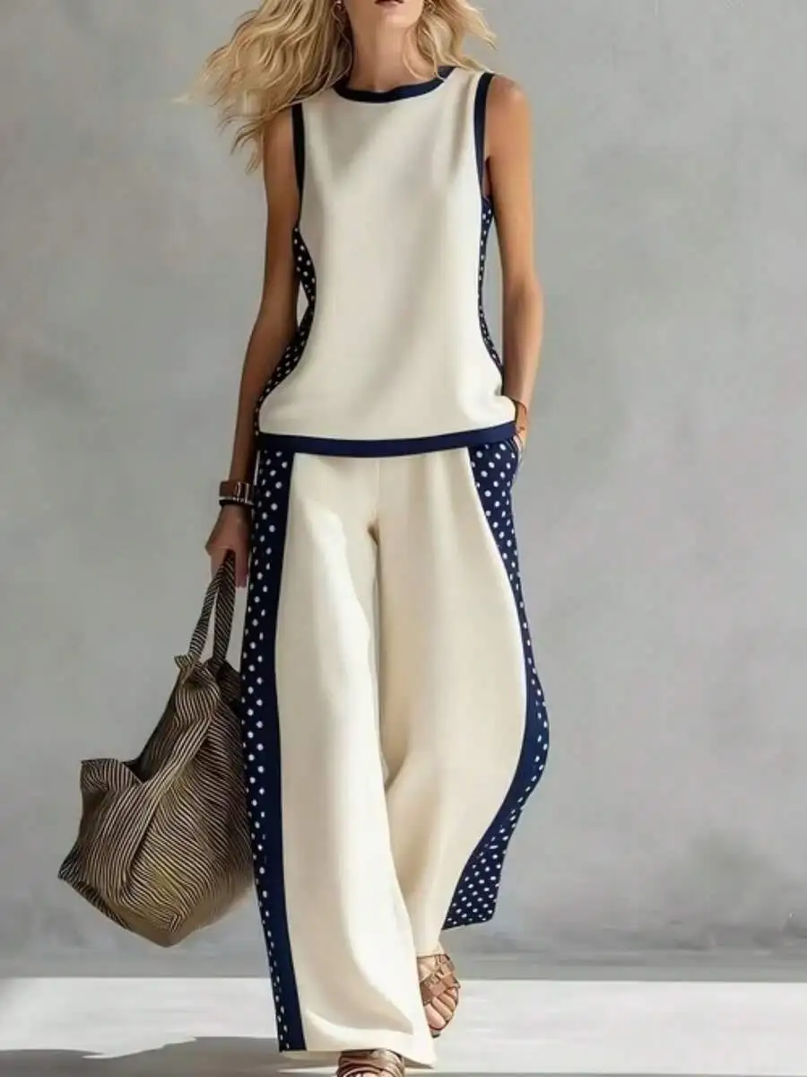 And Blue Polka Dot Trim Womens Sleeveless Vest And Wide Leg Pants Set
And Blue Polka Dot Trim Womens Sleeveless Vest And Wide Leg Pants Set