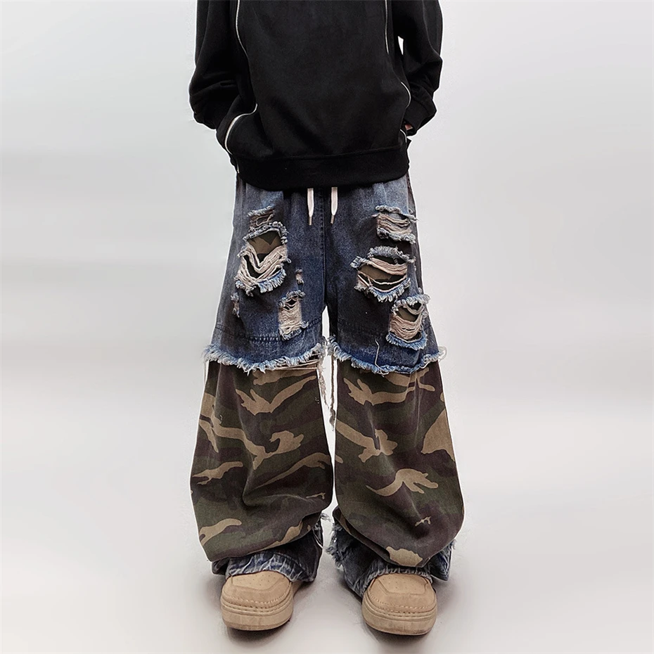 Mens Ripped Hole Jeans Streetwear Hip Hop Splicing Camouflage Pants Oversized Harajuku Vintage Baggy Wide-leg Denim Trousers
Mens Ripped Hole Jeans Streetwear Hip Hop Splicing Camouflage Pants Oversized Harajuku Vintage Baggy Wide-leg Denim Trousers