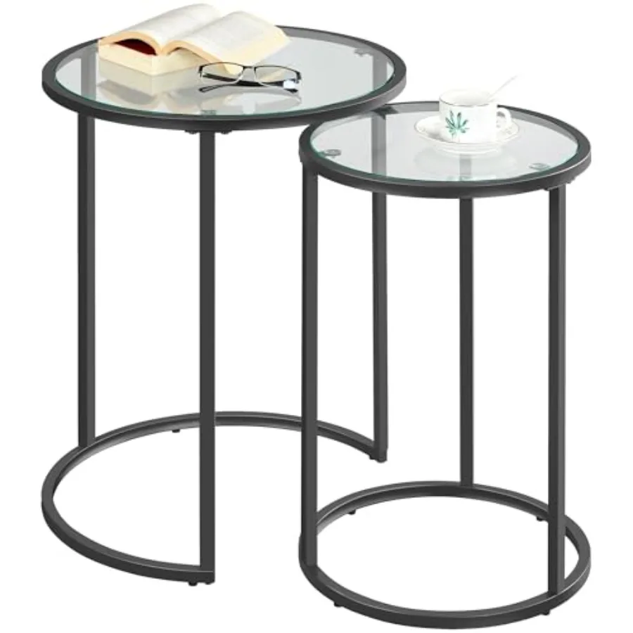 Round nesting end table set of 2 for small space living room or office: black metal frame with tempered glass top and protectiv
Round nesting end table set of 2 for small space living room or office: black metal frame with tempered glass top and protectiv
