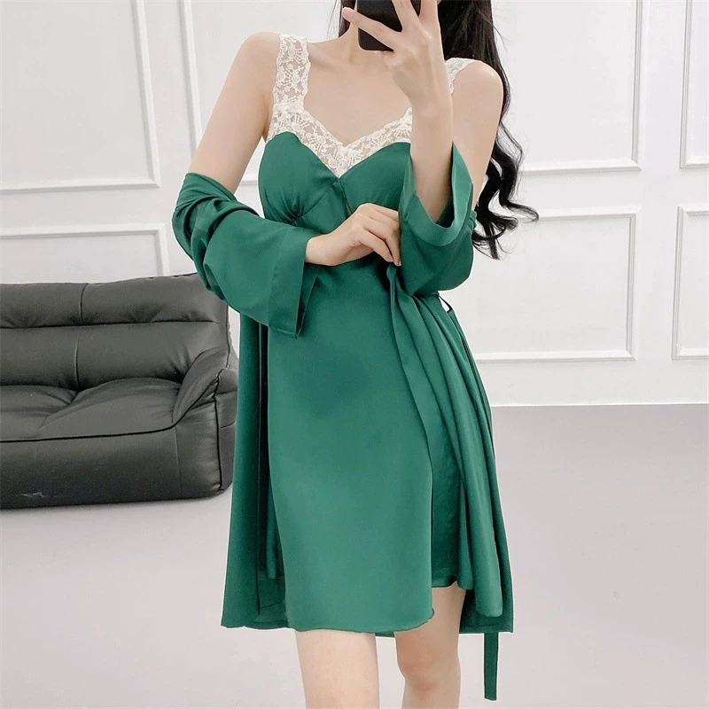 Sexy Lace Splicing Strap Spaghetti Robe Set Nightgown Female Short Kimono Bathrobe Suit 2PCS Nightwear Elegant Sleepwear
Sexy Lace Splicing Strap Spaghetti Robe Set Nightgown Female Short Kimono Bathrobe Suit 2PCS Nightwear Elegant Sleepwear