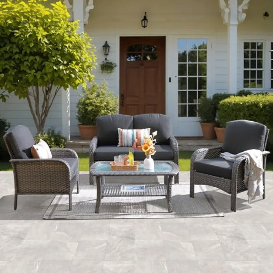4-Piece Patio Furniture Set, Outdoor Wicker Sofa with Chairs Coffee Table, High Back Rattan Couch Loveseat with Comfy Cushions
4-Piece Patio Furniture Set, Outdoor Wicker Sofa with Chairs Coffee Table, High Back Rattan Couch Loveseat with Comfy Cushions