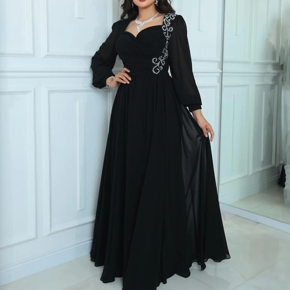 Black Chiffon Evening Dress Sweetheart Square Collar Long Sleeve with Beading A-Line Customized Floor Length فساتين سهرة
Black Chiffon Evening Dress Sweetheart Square Collar Long Sleeve with Beading A-Line Customized Floor Length فساتين سهرة