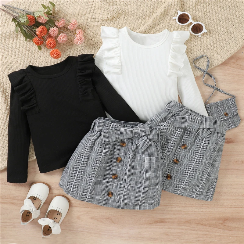 Kids Girls Spring Autumn Clothes Set Baby Solid Color Long Sleeve Top + Plaid Skirt with Belt + Bag Children Outfit
Kids Girls Spring Autumn Clothes Set Baby Solid Color Long Sleeve Top + Plaid Skirt with Belt + Bag Children Outfit