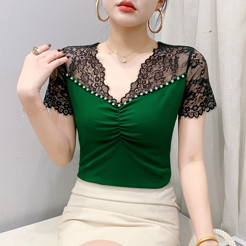 New 2025 Summer Short Sleeved V-Neck Women T-Shirt Elegant Slim Patchwork Beading Lace Tops M-3XL Tees
New 2025 Summer Short Sleeved V-Neck Women T-Shirt Elegant Slim Patchwork Beading Lace Tops M-3XL Tees