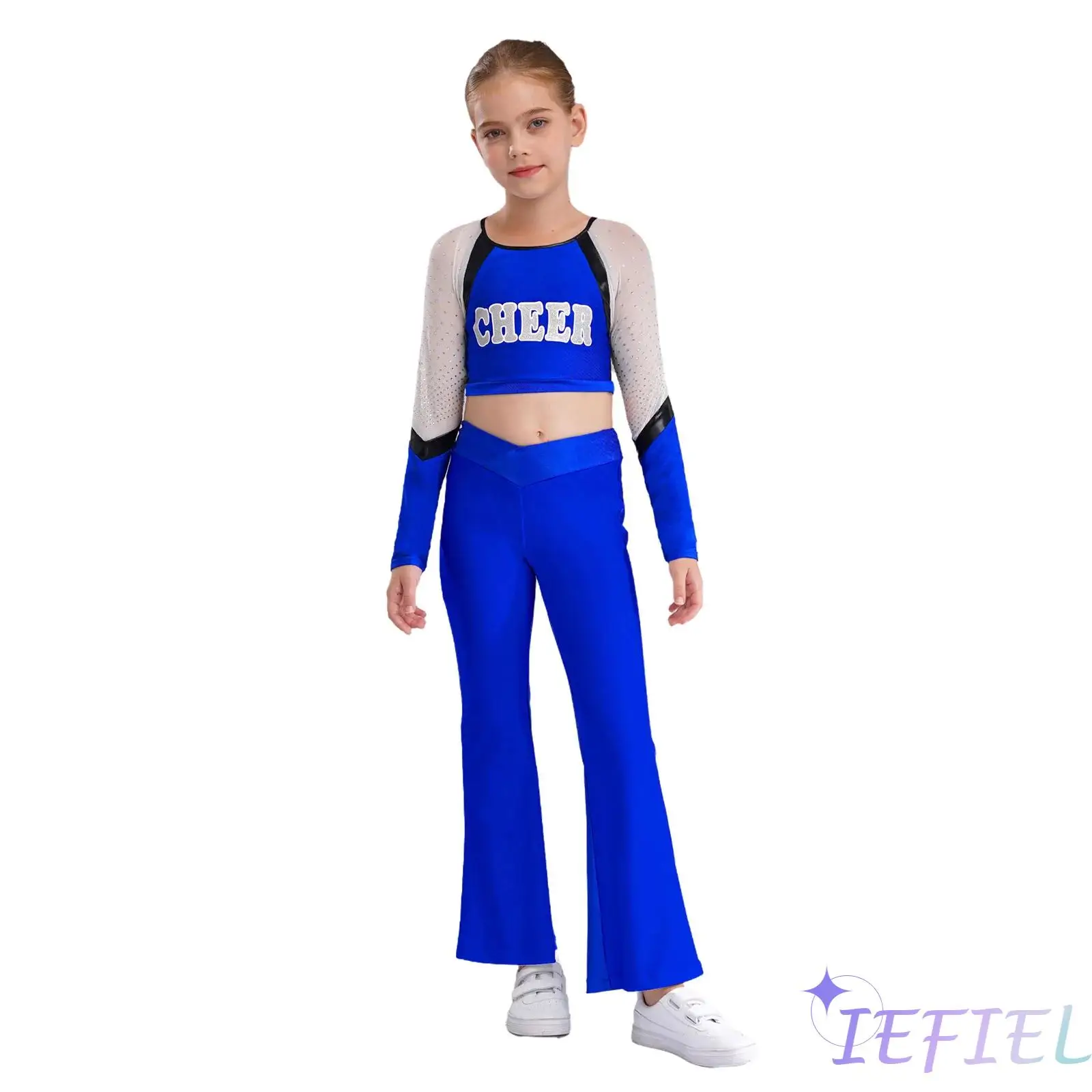 Kids Girls Cheerleader Uniform Cheer Leader Dance Costume Long Sleeves Letter Print Color Block Crop Top with Flared Pants
Kids Girls Cheerleader Uniform Cheer Leader Dance Costume Long Sleeves Letter Print Color Block Crop Top with Flared Pants
