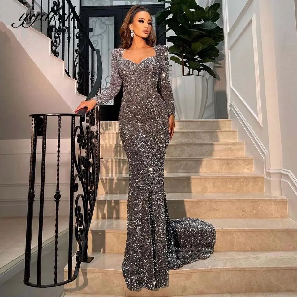 2022 Grey Long Sleeves Prom Dresses Sweetheart Mermaid Sequins Evening Dress Women Formal Party Gown Elegant Robes De Soirée
2022 Grey Long Sleeves Prom Dresses Sweetheart Mermaid Sequins Evening Dress Women Formal Party Gown Elegant Robes De Soirée