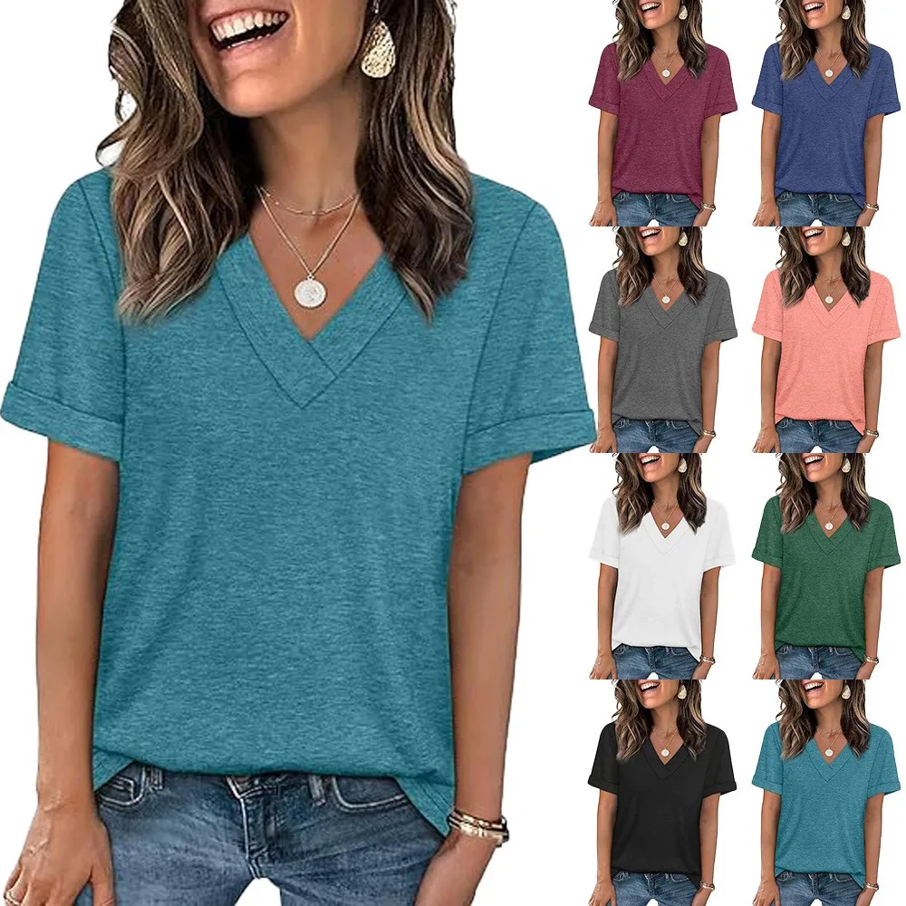 Women Short Sleeve T Shirt V Neck Solid Color Cotton Regular Fit Casual Loose Top with Rolled Cuff Sleeve for Everyday Wear
Women Short Sleeve T Shirt V Neck Solid Color Cotton Regular Fit Casual Loose Top with Rolled Cuff Sleeve for Everyday Wear