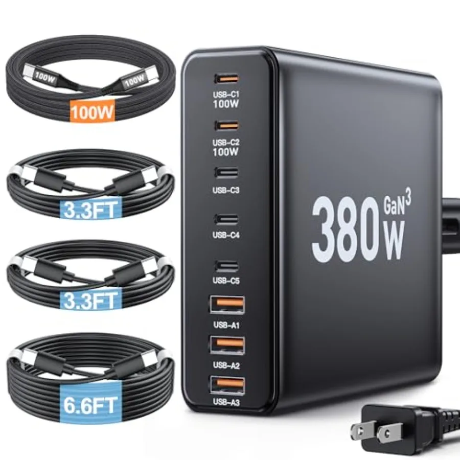 380W USB C Charger Block, with 4 USB Cables 8-Port USB C Charging Station Dual 100W Laptop Charger Fast Charger Type C Charging
380W USB C Charger Block, with 4 USB Cables 8-Port USB C Charging Station Dual 100W Laptop Charger Fast Charger Type C Charging