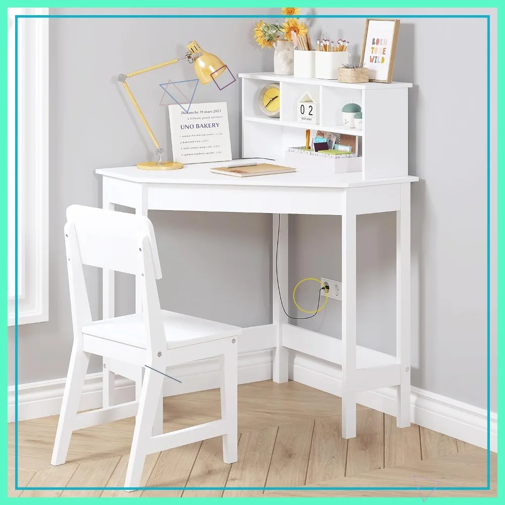 Kids Desk with Storage Hutch, Corner Study Table and Chair Set for Home School, White
Kids Desk with Storage Hutch, Corner Study Table and Chair Set for Home School, White