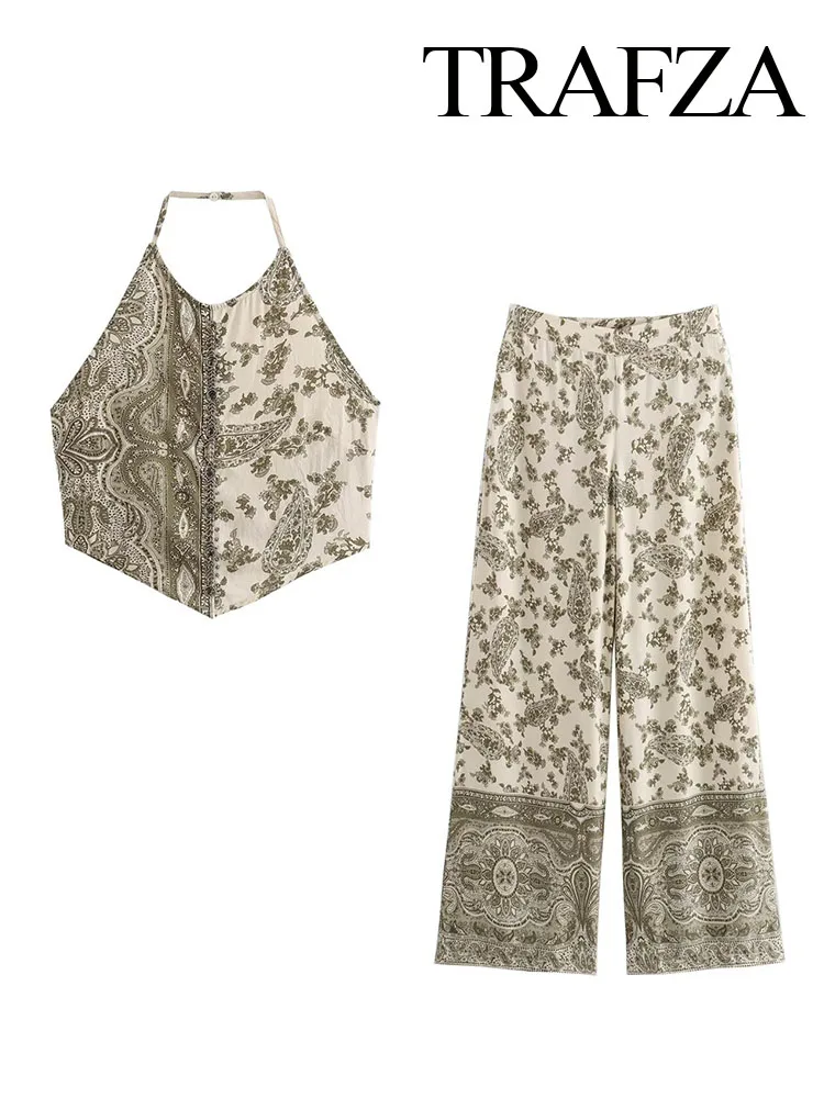 TRAFZA Women New Fashion Trouser Suit Sexy Sleeveless Backless Halter Neck Boho Print Crop Top+Mid-Waist Casual Wide Leg Pants
TRAFZA Women New Fashion Trouser Suit Sexy Sleeveless Backless Halter Neck Boho Print Crop Top+Mid-Waist Casual Wide Leg Pants
