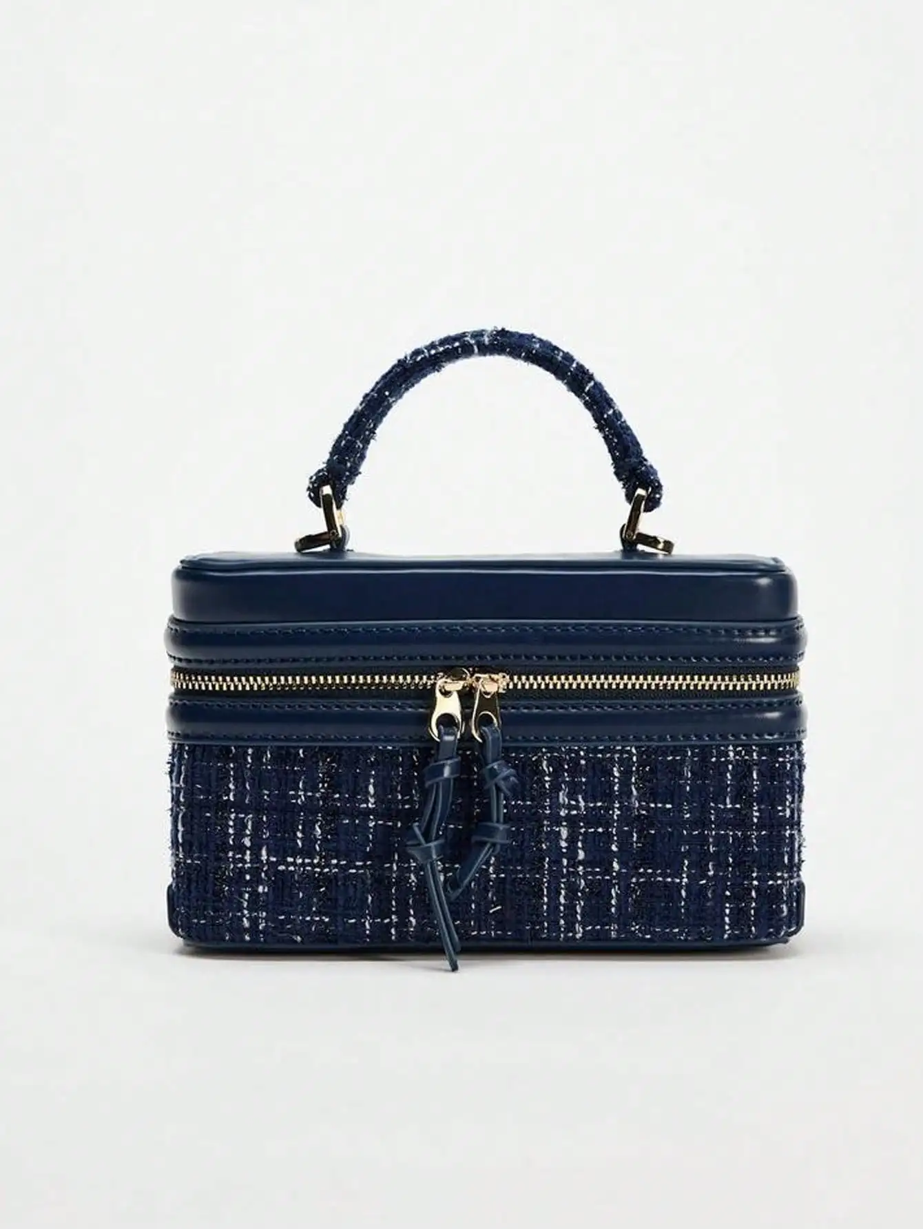 Navy Blue Tweed & Patent Leather Top-Handle Box Bag for Women
Navy Blue Tweed & Patent Leather Top-Handle Box Bag for Women