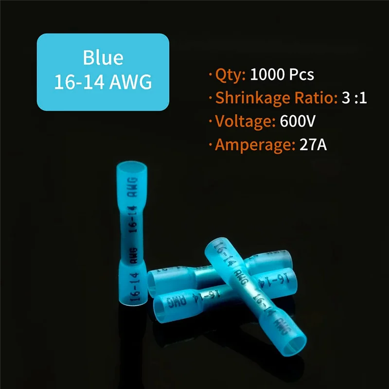 ABNO-изолированные электрические соединители 1000 шт. 16-14 AWG синие термоусадочные стыковые соединители, соединение морского класса
ABNO-изолированные электрические соединители 1000 шт. 16-14 AWG синие термоусадочные стыковые соединители, соединение морского класса