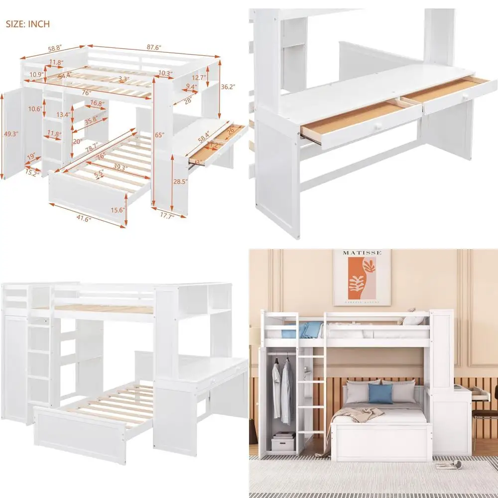 White Solid Wood Bunk Bed with Wardrobe, Desk, Shelves, and Safety Guardrail for Kids, Teens, and Adults
White Solid Wood Bunk Bed with Wardrobe, Desk, Shelves, and Safety Guardrail for Kids, Teens, and Adults
