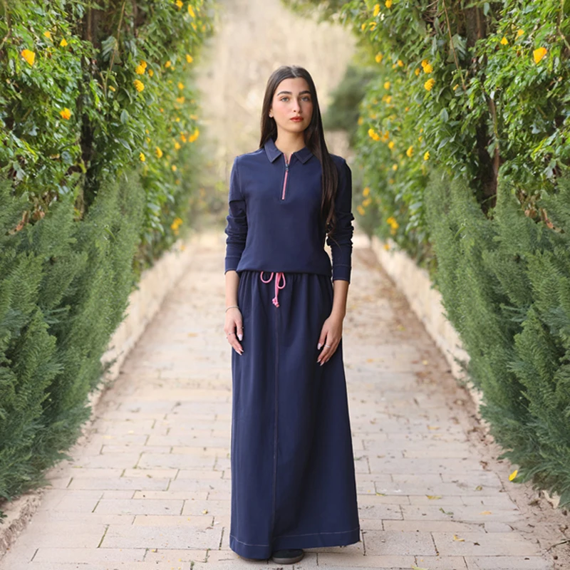 Youth set navy and black sweatshirt and maxi skirt suit long sleeve contrast stitches and zipper french terry fabric for spring
Youth set navy and black sweatshirt and maxi skirt suit long sleeve contrast stitches and zipper french terry fabric for spring