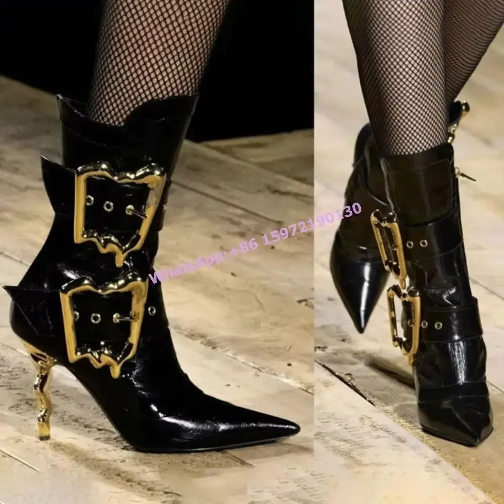 Special-Shaped Buckle Boots Strange Style Heels Pointy Toe Side Zipper Women's Runway Boots Niche Black Solid Ankle Boots 2024 
Special-Shaped Buckle Boots Strange Style Heels Pointy Toe Side Zipper Women's Runway Boots Niche Black Solid Ankle Boots 2024