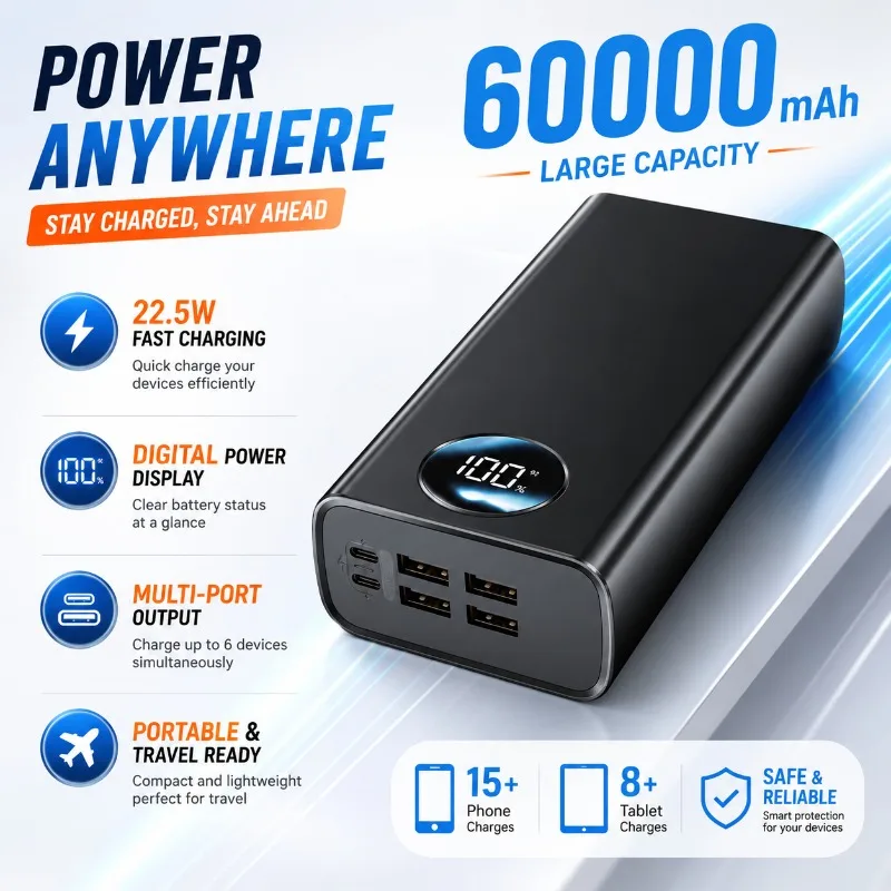 60000mAh Power Bank 22.5W Fast Charging 4 USB Ports LED Display Portable Backup Charger for Outdoor Travel Phones Power Bank
60000mAh Power Bank 22.5W Fast Charging 4 USB Ports LED Display Portable Backup Charger for Outdoor Travel Phones Power Bank