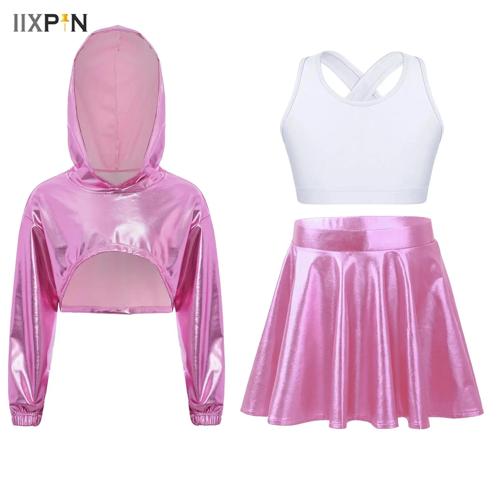Kids Girls Cheerleading Hip-Hop Jazz Dance Costume Metallic Long Sleeve Asymmetrical Hem Hoodie+Cropped Vest+Skirt for Dancewear
Kids Girls Cheerleading Hip-Hop Jazz Dance Costume Metallic Long Sleeve Asymmetrical Hem Hoodie+Cropped Vest+Skirt for Dancewear