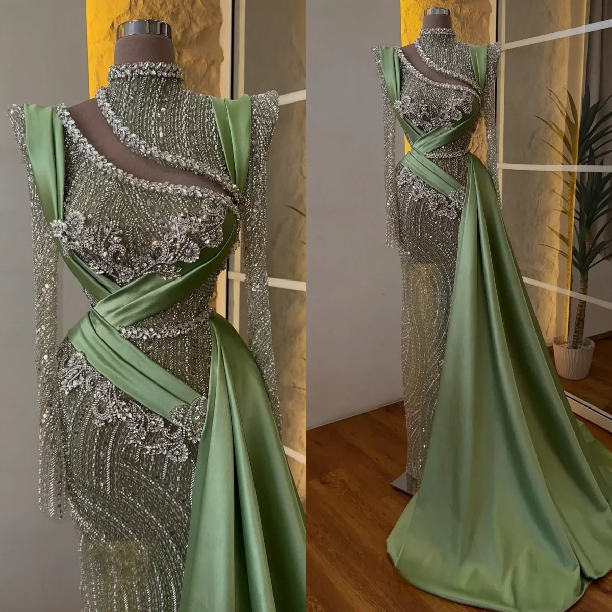 Stunning Crystals Mermaid Prom Gowns High Neck Long Sleeve Evening Dresses Beading Celebrity Party Customized
Stunning Crystals Mermaid Prom Gowns High Neck Long Sleeve Evening Dresses Beading Celebrity Party Customized