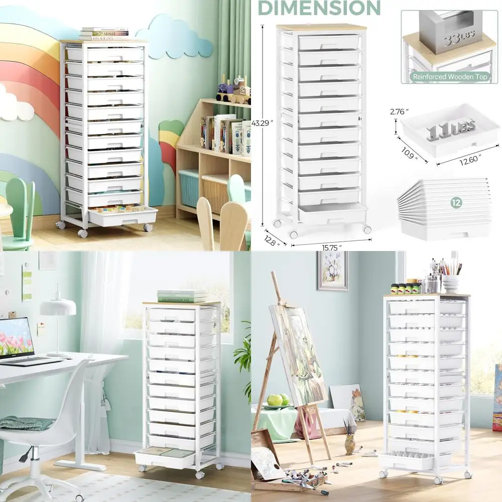 Белая тележка на колесиках с 12 ящиками и деревянной столешницей для организации класса и поделок
Белая тележка на колесиках с 12 ящиками и деревянной столешницей для организации класса и поделок