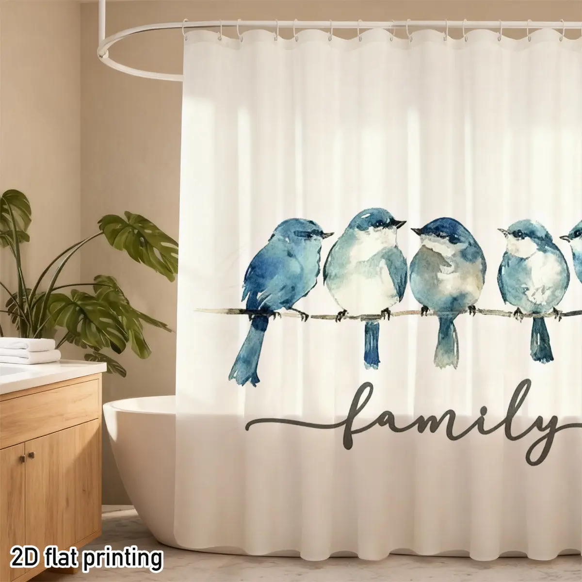Watercolor Blue & White Birds Shower Curtain – Perched on Branch, "family" Script, 2D Flat Print, Polyester, 12 Hook Holes
Watercolor Blue & White Birds Shower Curtain – Perched on Branch, "family" Script, 2D Flat Print, Polyester, 12 Hook Holes