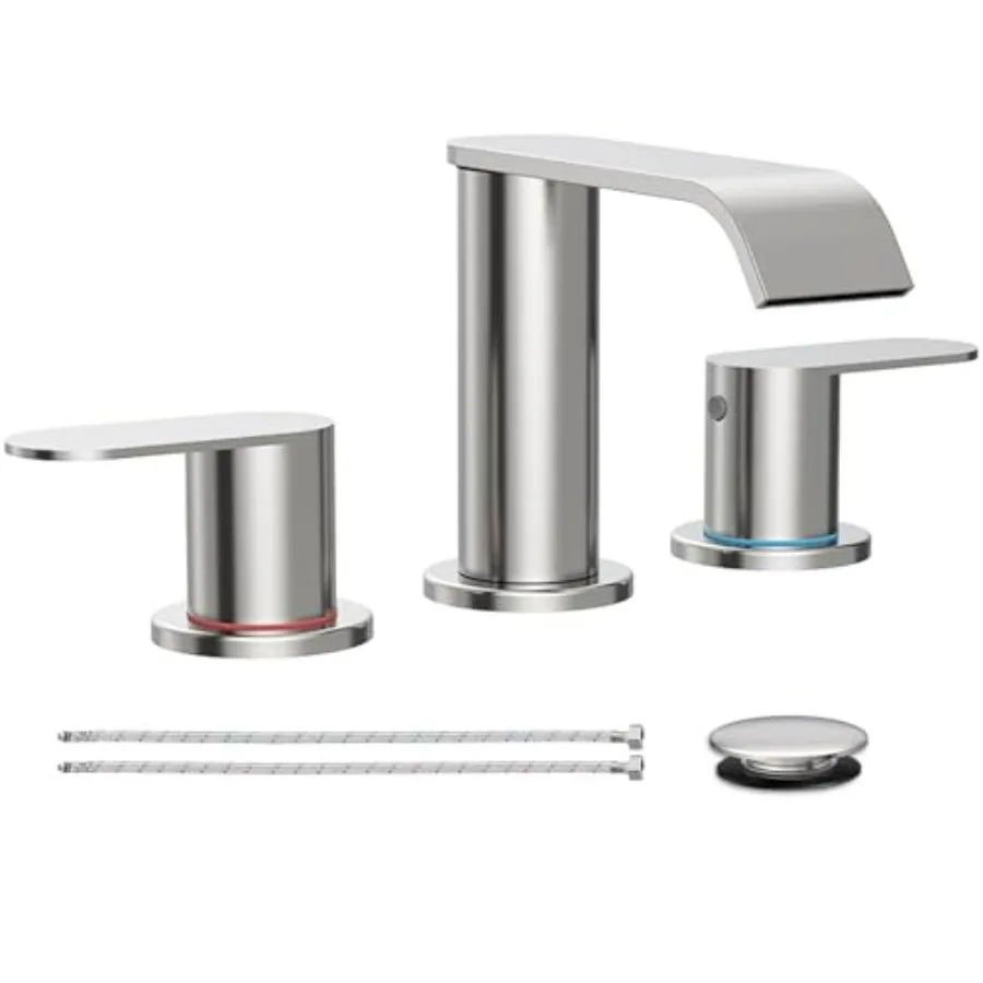 Waterfall bathroom faucet for sink brushed nickel finish stainless steel 3-hole widespread 2-handle includes pop-up drain and s
Waterfall bathroom faucet for sink brushed nickel finish stainless steel 3-hole widespread 2-handle includes pop-up drain and s