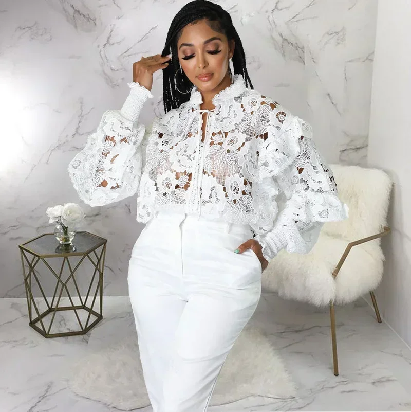 GUWU Sexy Lace See Through Ruffle Lantern Long Sleeve Shirt Women Elegant Blouse Solid High Street Tops Mujer 
GUWU Sexy Lace See Through Ruffle Lantern Long Sleeve Shirt Women Elegant Blouse Solid High Street Tops Mujer