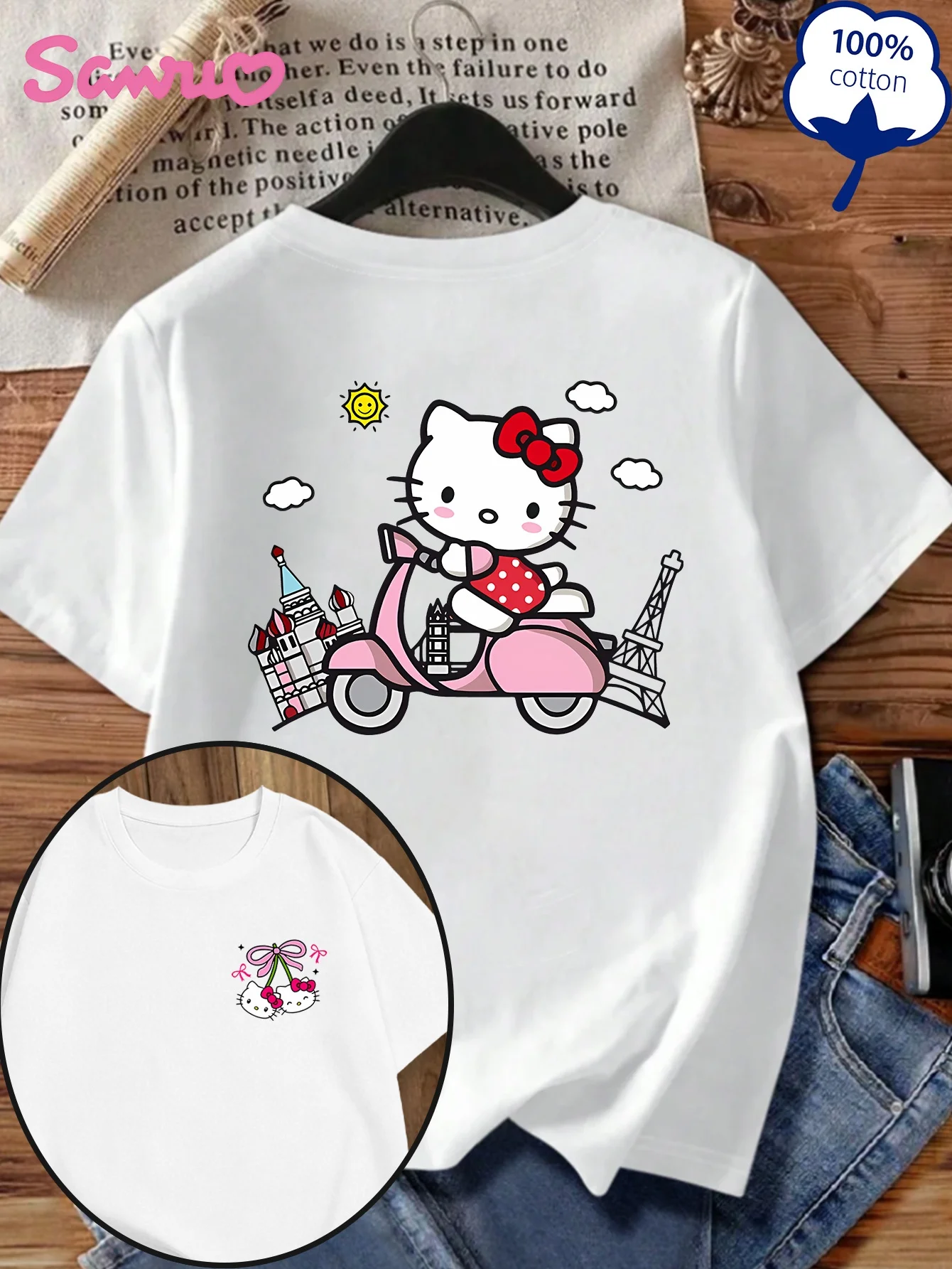 Женская футболка Sanrio с милым мультяшным принтом Hello Kitty, простой модный летний новый дизайн, 100% хлопок, подходит для повседневного использования.
Женская футболка Sanrio с милым мультяшным принтом Hello Kitty, простой модный летний новый дизайн, 100% хлопок, подходит для повседневного использования.