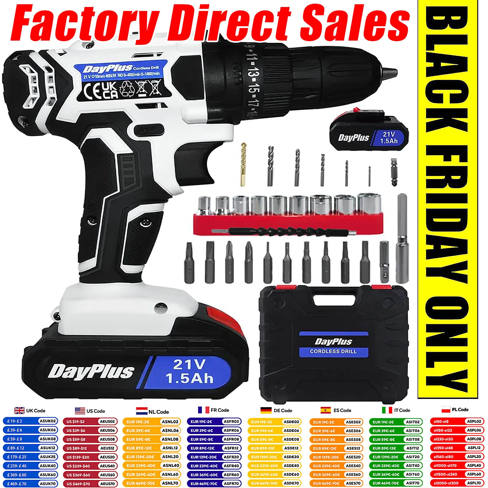 Cordless Drill Driver 21V, Power Tool Electric Screwdriver, 25+1 Torque, 2 Speed, LED Light, Combi Drill Kit for Home and Garden
Cordless Drill Driver 21V, Power Tool Electric Screwdriver, 25+1 Torque, 2 Speed, LED Light, Combi Drill Kit for Home and Garden