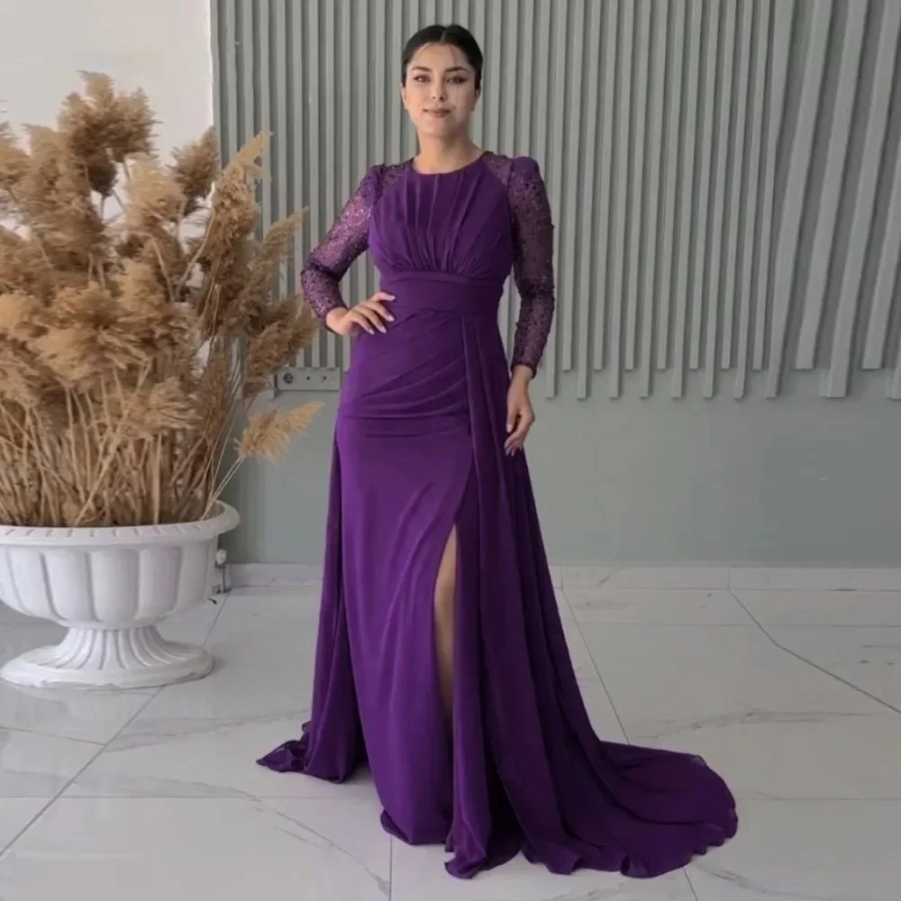Customized Elegant O Neck Long Sleeve Chiffon Evening Dresses With Glitter Details In Purple For Formal Events And Sp
Customized Elegant O Neck Long Sleeve Chiffon Evening Dresses With Glitter Details In Purple For Formal Events And Sp