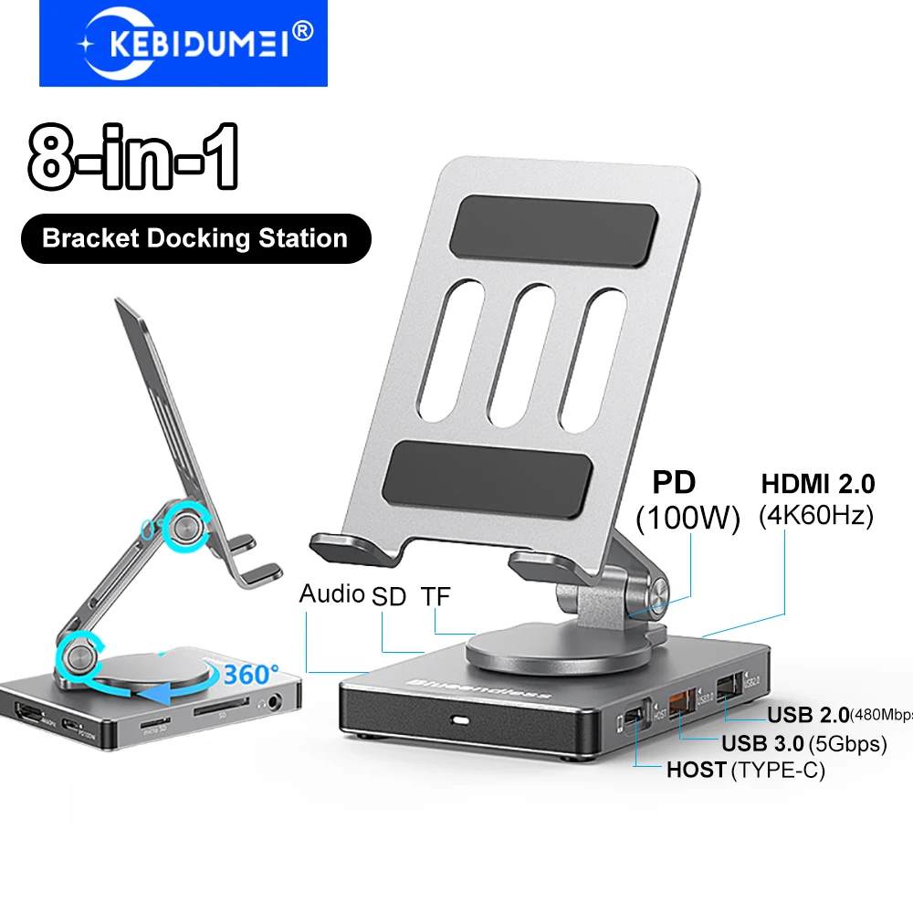 8 in 1 Bracket Docking Station Rotatable Type C to HDMI 2.0 4K 60Hz Aluminum Alloy USB C Hub PD 100W USB 3.0 5Gbps for Switch
8 in 1 Bracket Docking Station Rotatable Type C to HDMI 2.0 4K 60Hz Aluminum Alloy USB C Hub PD 100W USB 3.0 5Gbps for Switch