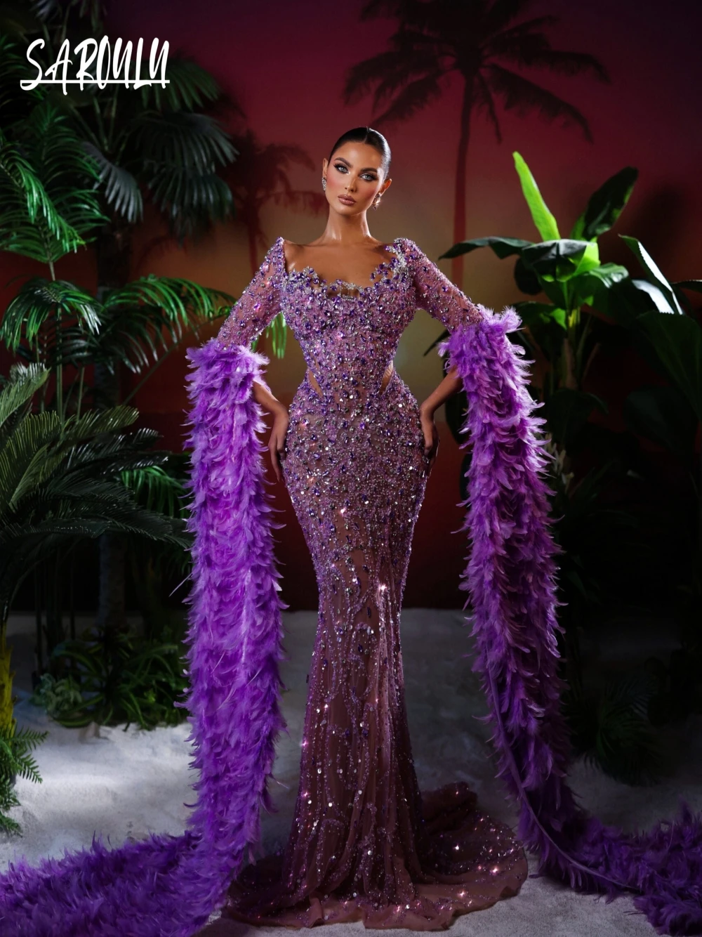 Richly Women Customized Feathered Prom Gown Delicate Beaded Crystals Purple Evening Dress Dazzling Mermaid New Arrival Wear
Richly Women Customized Feathered Prom Gown Delicate Beaded Crystals Purple Evening Dress Dazzling Mermaid New Arrival Wear