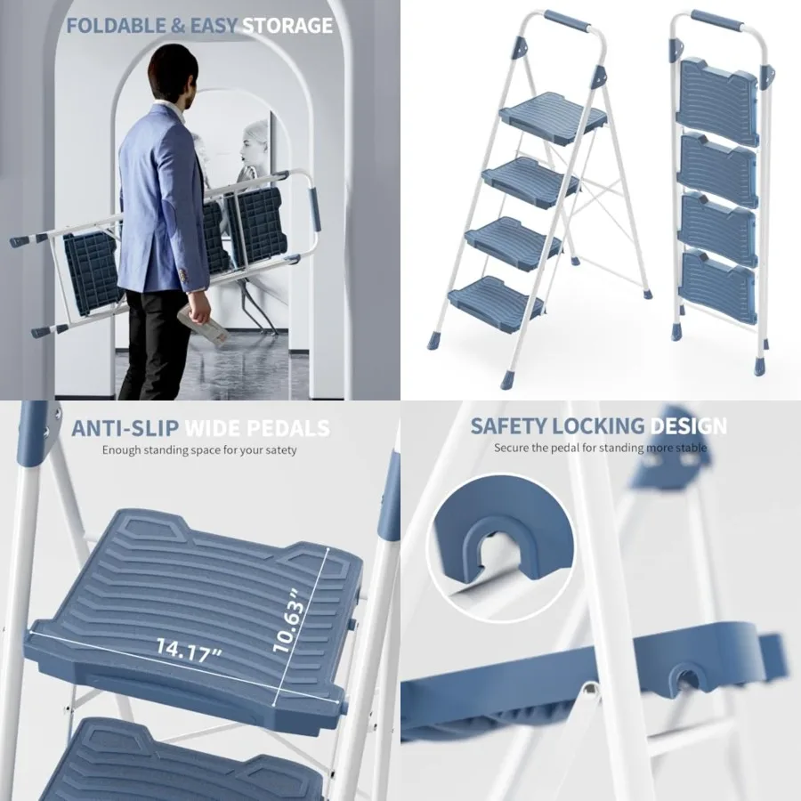 4 Step Ladder, Sturdy Step Stool with Handrail, Anti-Slip Wide Pedals, Foldable Step Stool for Home, Garage, Garden,,Safety Loc
4 Step Ladder, Sturdy Step Stool with Handrail, Anti-Slip Wide Pedals, Foldable Step Stool for Home, Garage, Garden,,Safety Loc