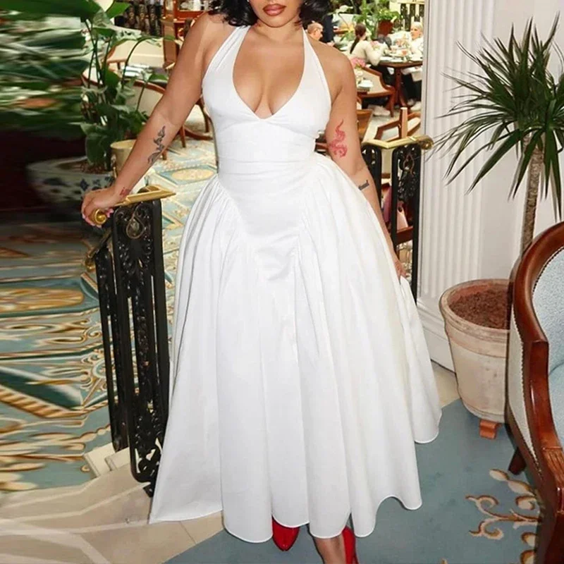 Sexy V Neck Solid Dress For Women Vintage Elegant Summer Halter Open Back Sleeveless Strappy Pleated Big Swing Maxi Dresses
Sexy V Neck Solid Dress For Women Vintage Elegant Summer Halter Open Back Sleeveless Strappy Pleated Big Swing Maxi Dresses