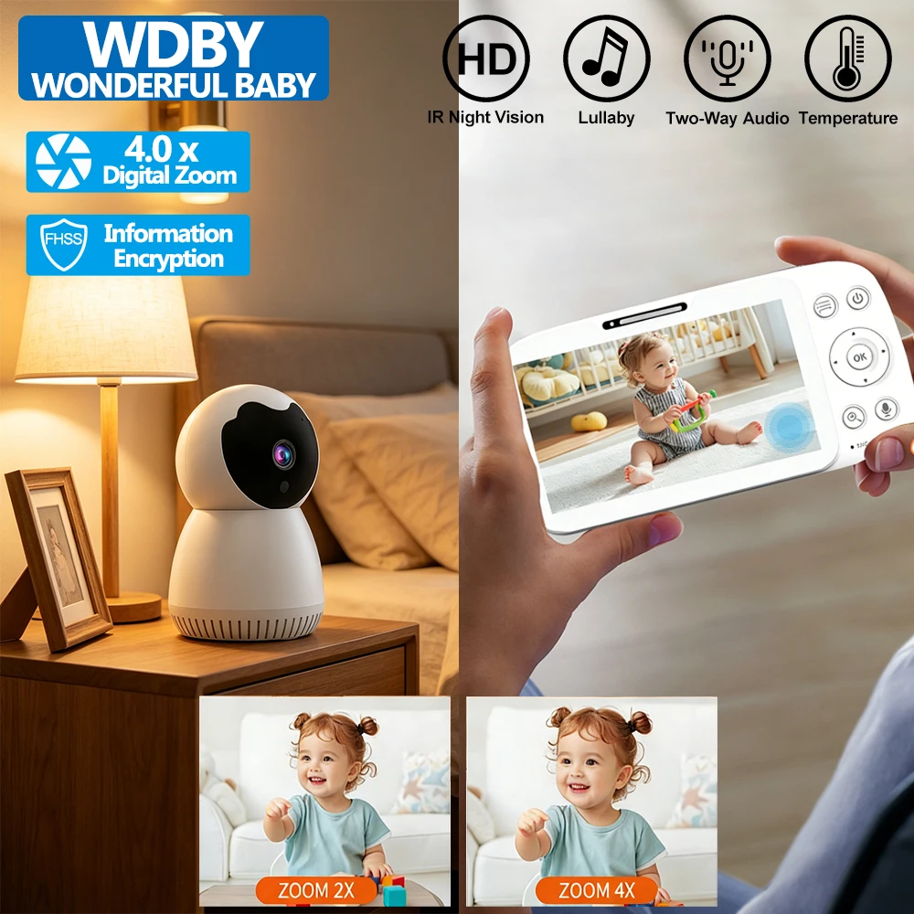 5 Inch HD Screen Baby Monitor with 4X Zoom Pan-Tilt Camera Two-Way Audio VOX Lullabies IR Night Vision Baby Safety Nanny Cam
5 Inch HD Screen Baby Monitor with 4X Zoom Pan-Tilt Camera Two-Way Audio VOX Lullabies IR Night Vision Baby Safety Nanny Cam