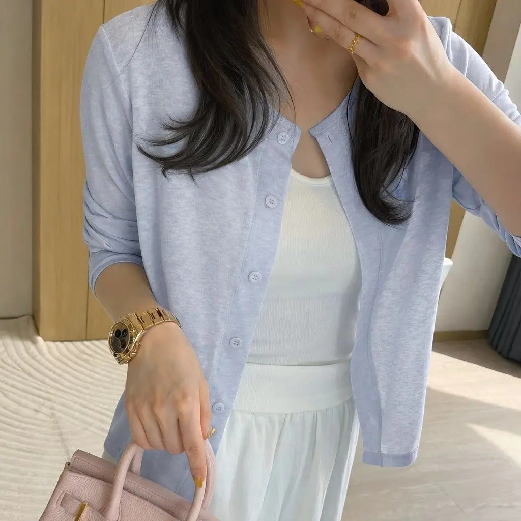 Blue Thin Long Sleeve Sun Protection Open Cardigan Women's Summer New Style Strap Outer round Neck Slimming Jacket Top
Blue Thin Long Sleeve Sun Protection Open Cardigan Women's Summer New Style Strap Outer round Neck Slimming Jacket Top