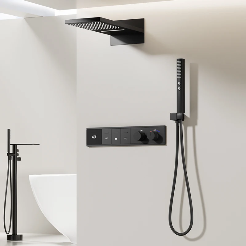 High Quality Modern Fashion Intelligent Constant Temperature LED Digital Display Concealed Square Black Bathroom Shower Set
High Quality Modern Fashion Intelligent Constant Temperature LED Digital Display Concealed Square Black Bathroom Shower Set