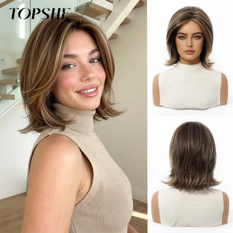European and American fashion short wig upturned ends for women, full headpiece with highlights in brown, bob style synthet
European and American fashion short wig upturned ends for women, full headpiece with highlights in brown, bob style synthet