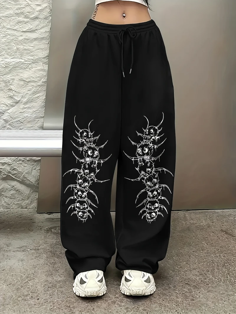 Широкие брюки с готическим принтом черепа и сороконожки — повседневная уличная одежда с эластичной резинкой на талии, полиэстер, можно стирать в машине
Широкие брюки с готическим принтом черепа и сороконожки — повседневная уличная одежда с эластичной резинкой на талии, полиэстер, можно стирать в машине