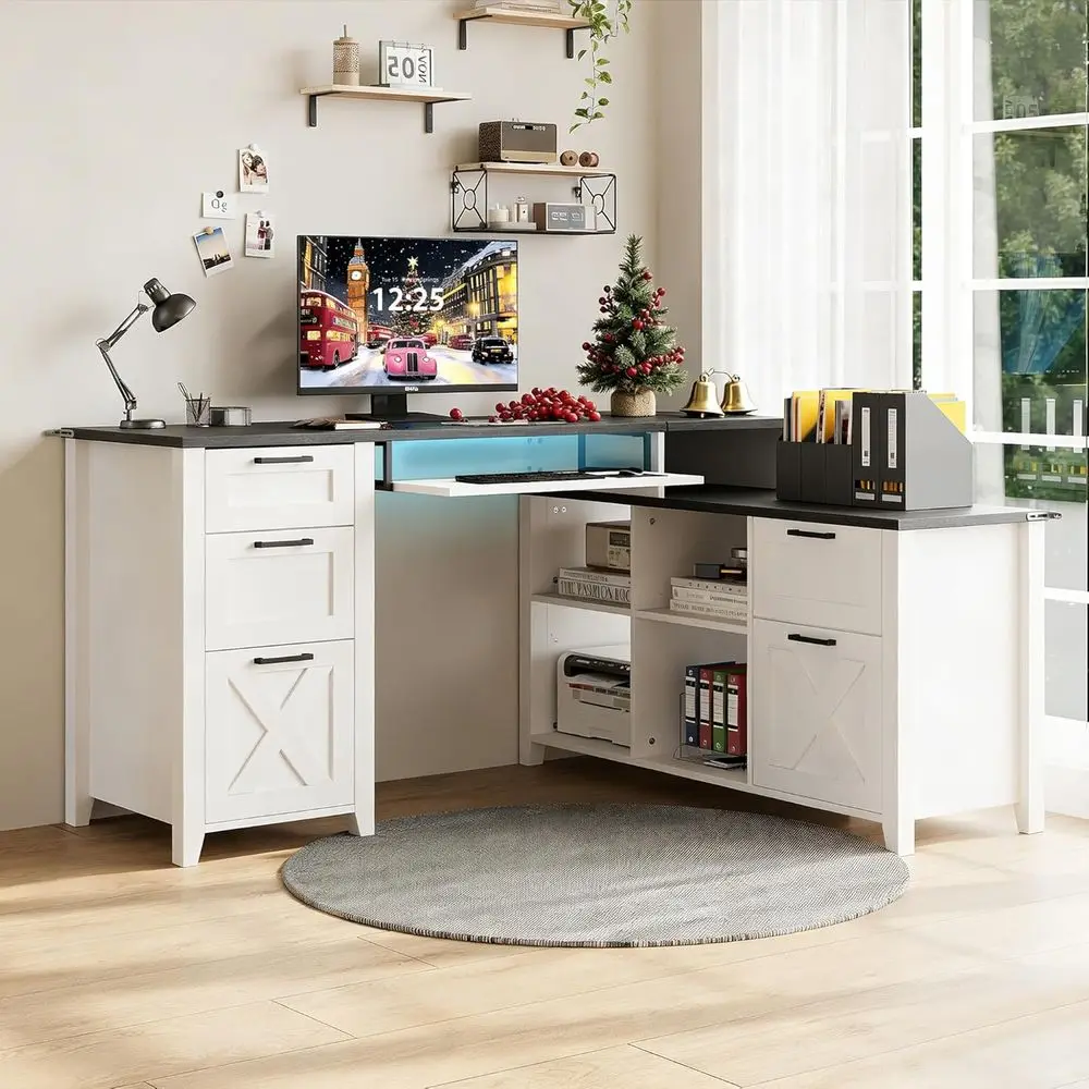 L-Shaped Executive Desk with Drawers, 59 Home Office Desk with Charging Station, Cable Management, Storage, White
L-Shaped Executive Desk with Drawers, 59 Home Office Desk with Charging Station, Cable Management, Storage, White