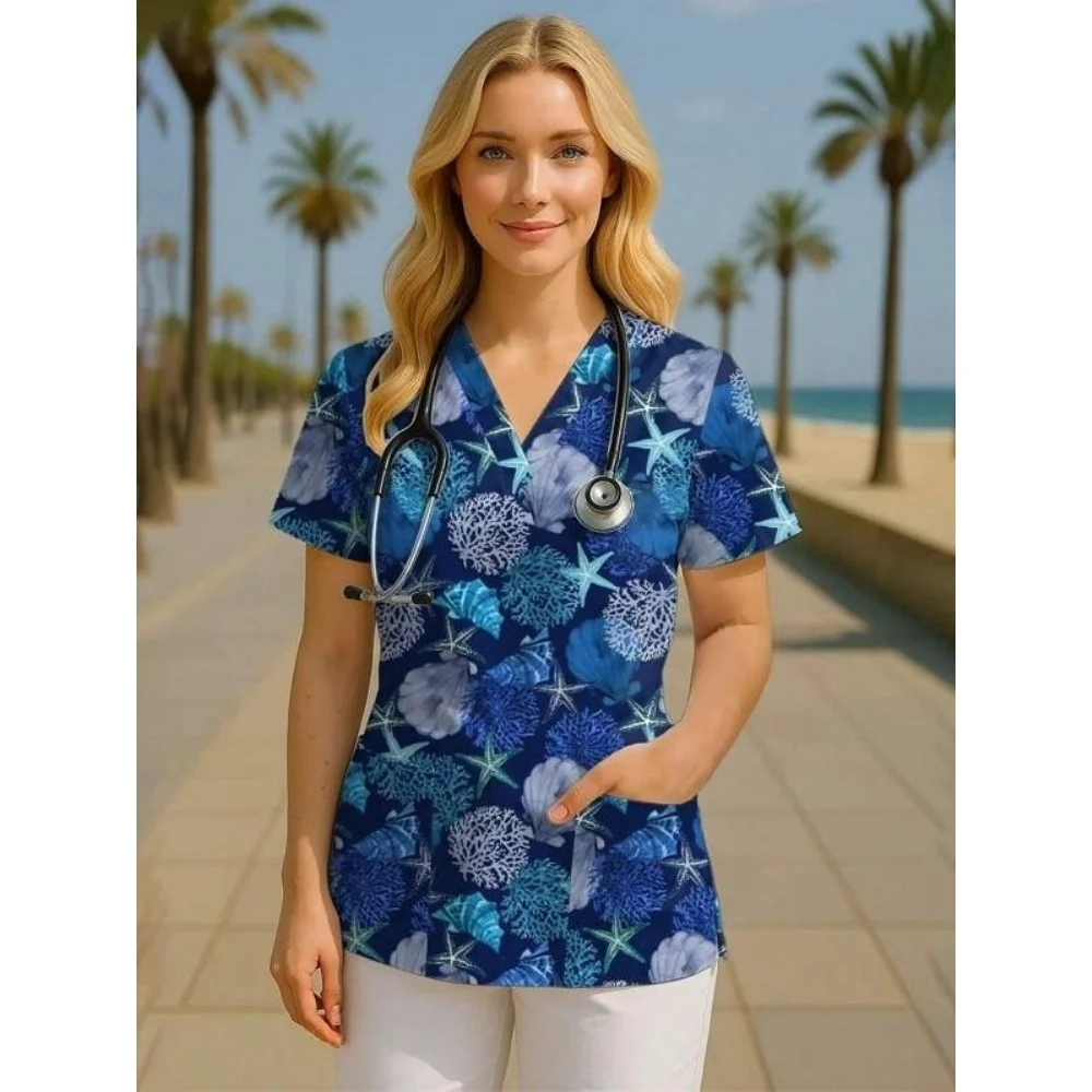 Scrub Medical Woman Shell Flowers Print Health Care Nursing V-Neck Short Sleeve Patch Pocket Tops Medical Uniform for Women
Scrub Medical Woman Shell Flowers Print Health Care Nursing V-Neck Short Sleeve Patch Pocket Tops Medical Uniform for Women