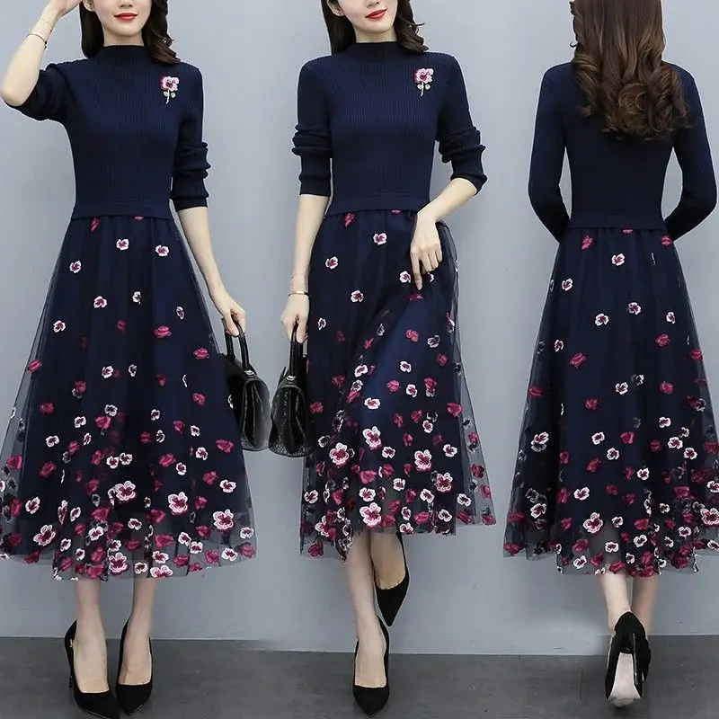 Elegant A-line Turtleneck Slim Long Sweater Dress Women Floral Mesh Knit Autumn Winter Dress Female Slim Patchwork Casual V5
Elegant A-line Turtleneck Slim Long Sweater Dress Women Floral Mesh Knit Autumn Winter Dress Female Slim Patchwork Casual V5