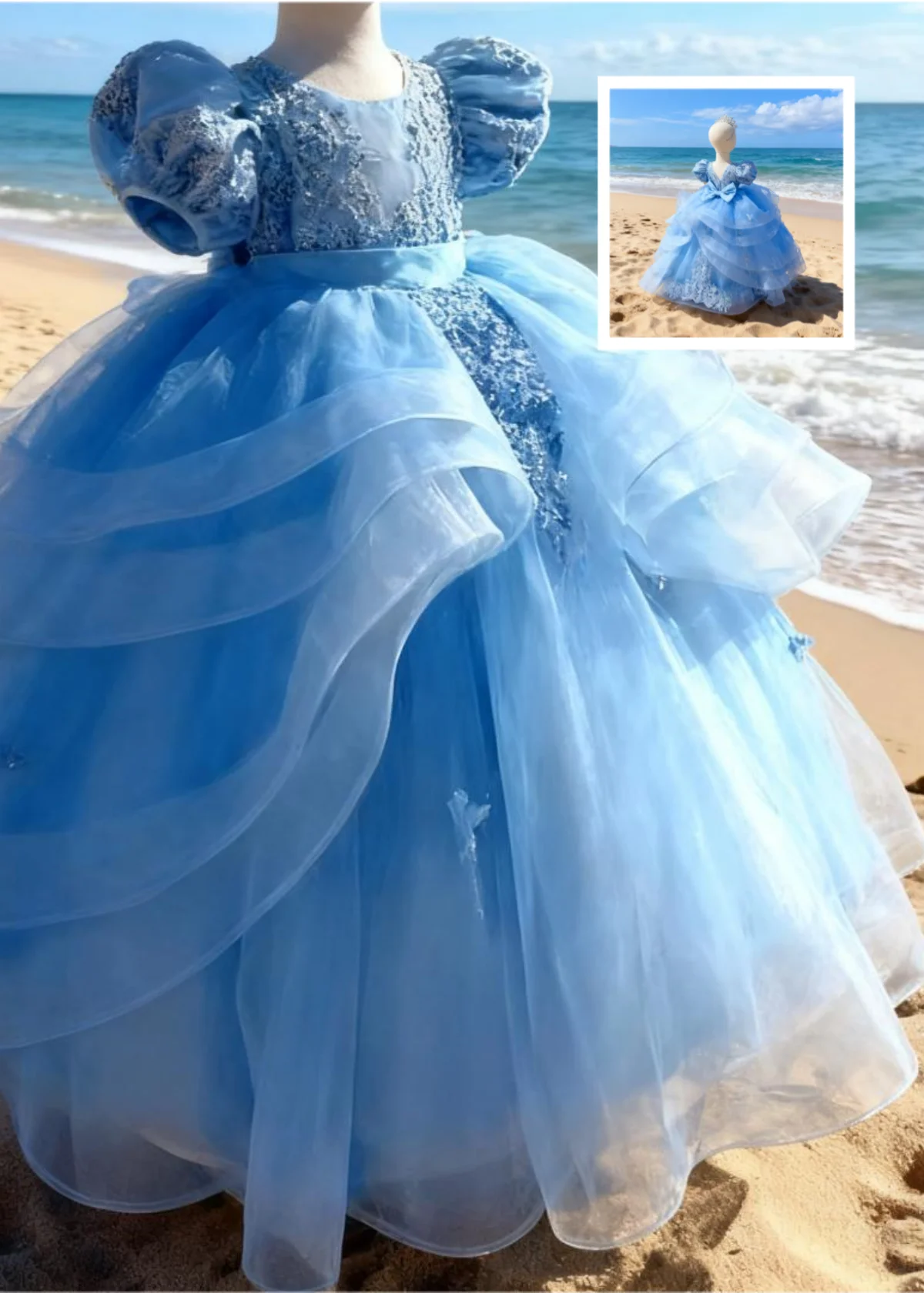 Princess-Style Blue Girl Dress Adorned with Bow Lace Appliqués for Weddings Birthday Parties And First Communions
Princess-Style Blue Girl Dress Adorned with Bow Lace Appliqués for Weddings Birthday Parties And First Communions