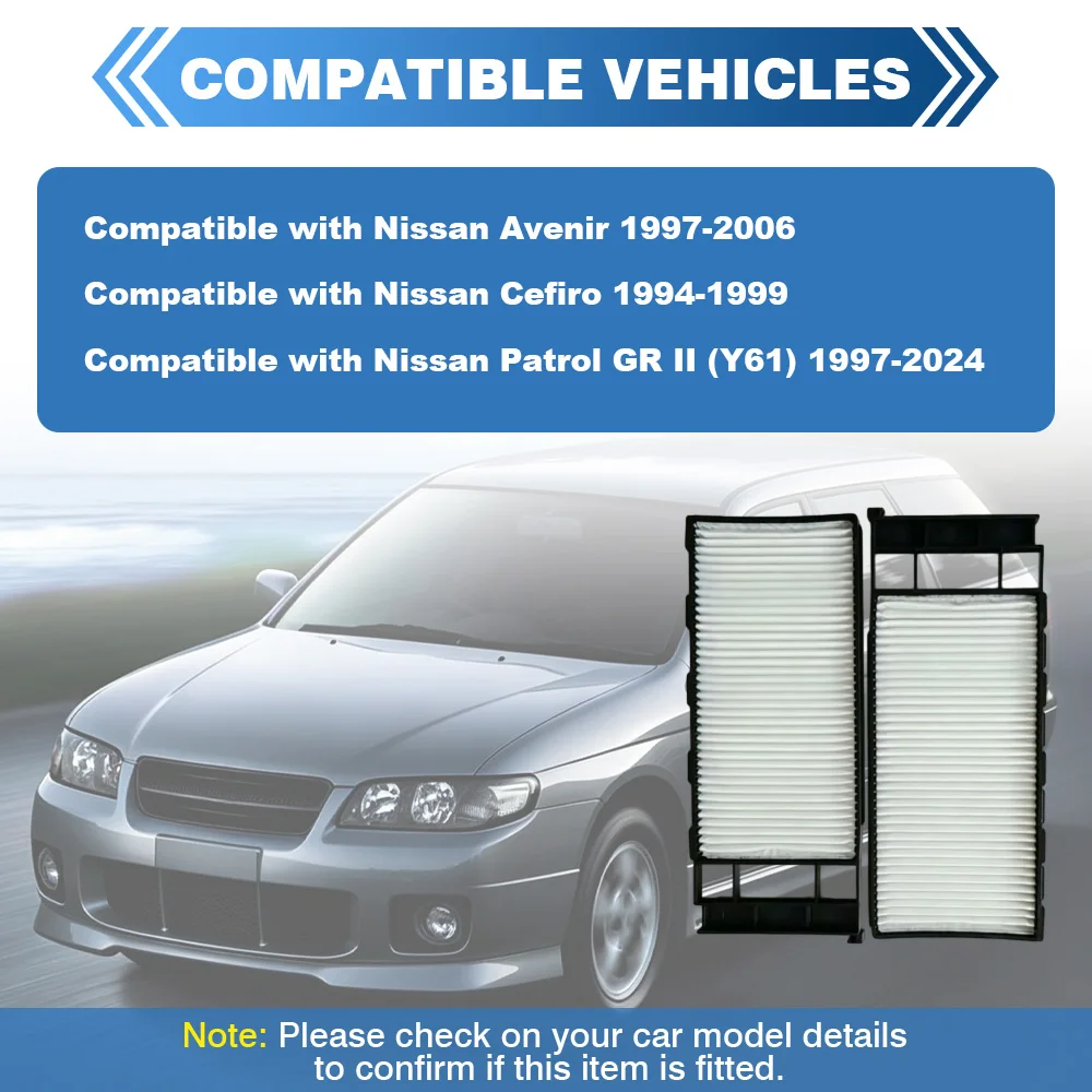 2pcs Cabin Air Filter For Nissan Avenir 1997-2006 Cefiro 1994-1999 Patrol GR II Y61 1997-2024 2G030-70100 B72000W010 27274-7J125
2pcs Cabin Air Filter For Nissan Avenir 1997-2006 Cefiro 1994-1999 Patrol GR II Y61 1997-2024 2G030-70100 B72000W010 27274-7J125