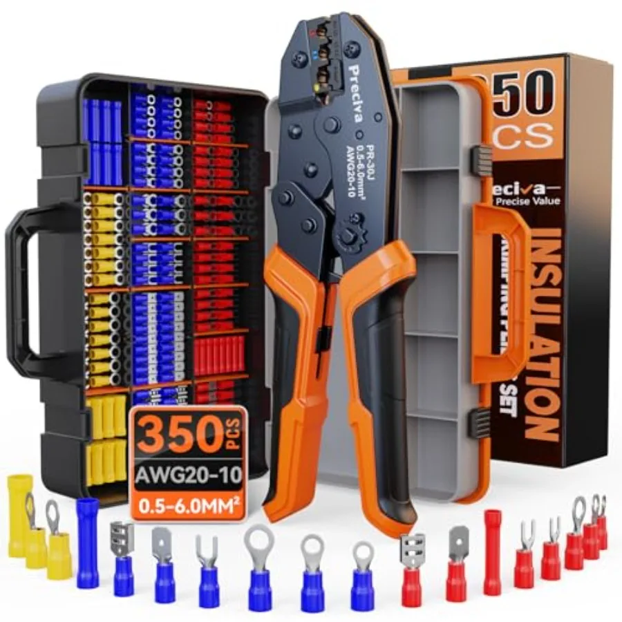 Insulated Crimping Tool Set with Storage Case Ratcheting Wire Crimper Kit with Terminals Red Blue Yellow Ergonomic Handle High-