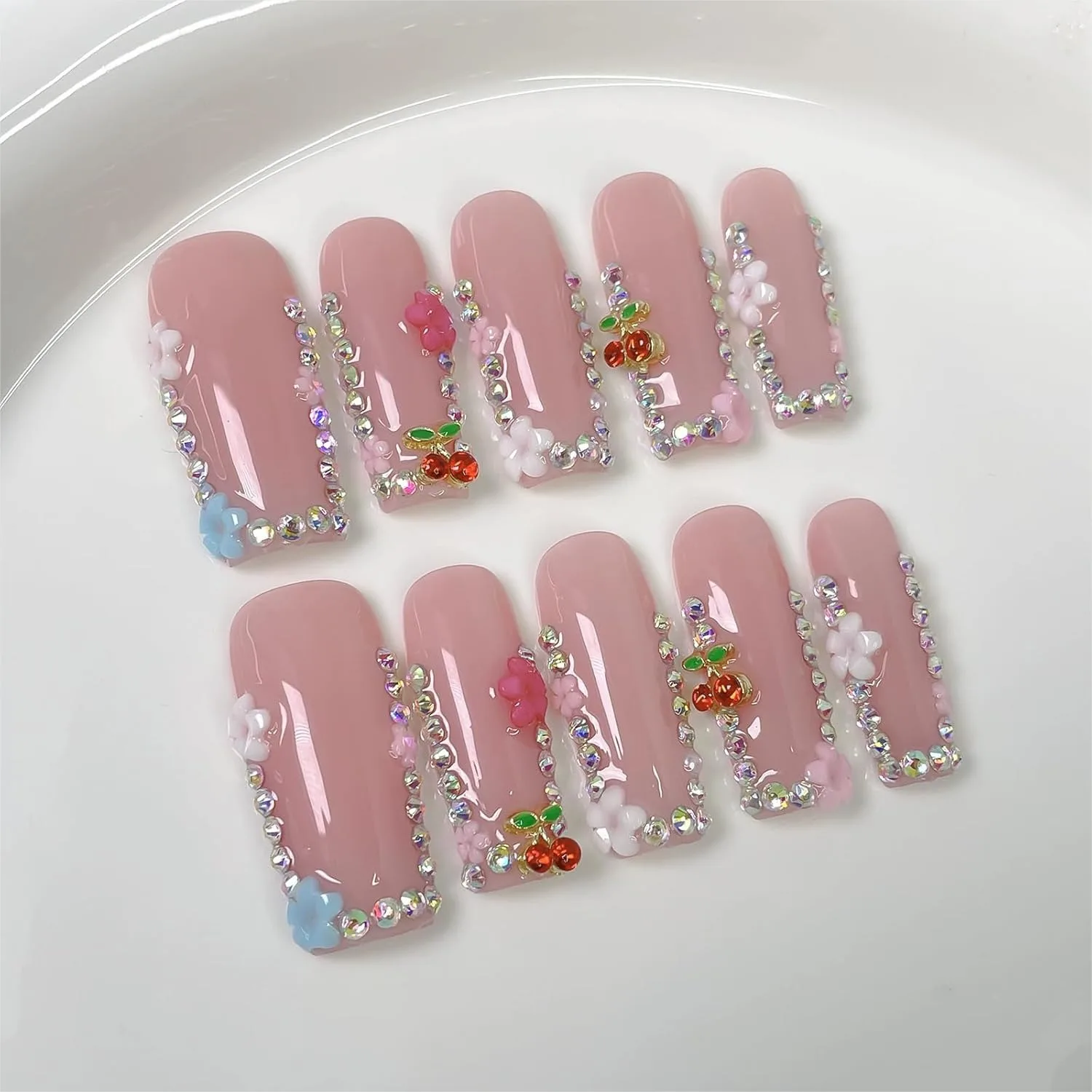 Handmade Press on Nails Long Square Fake Nails with 3D Cherry Rhinestones Flower Designs Pink Sparkly Acrylic French Tip 10pcs
Handmade Press on Nails Long Square Fake Nails with 3D Cherry Rhinestones Flower Designs Pink Sparkly Acrylic French Tip 10pcs