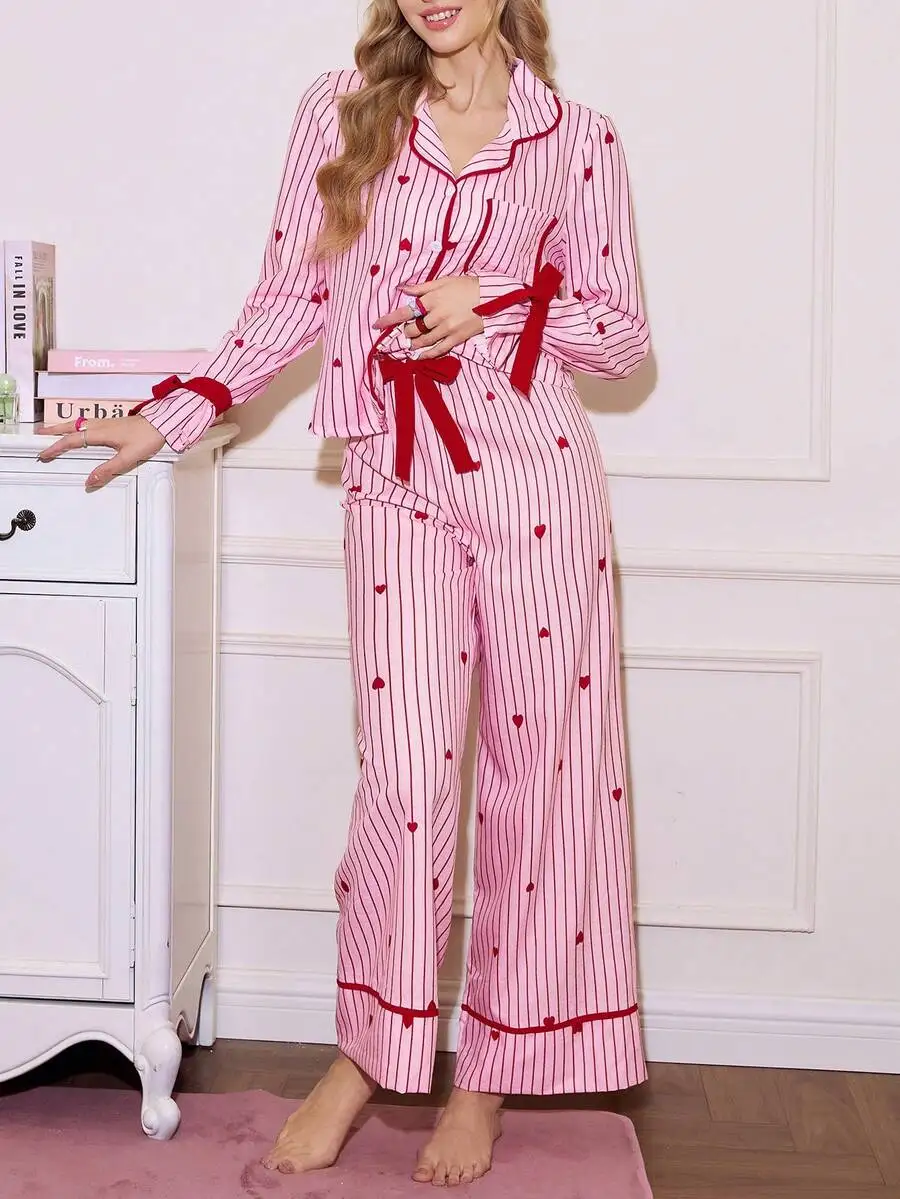 Striped Heart Print Lapel Collar Bow Tie Long Sleeve Women Pajama Set
Striped Heart Print Lapel Collar Bow Tie Long Sleeve Women Pajama Set