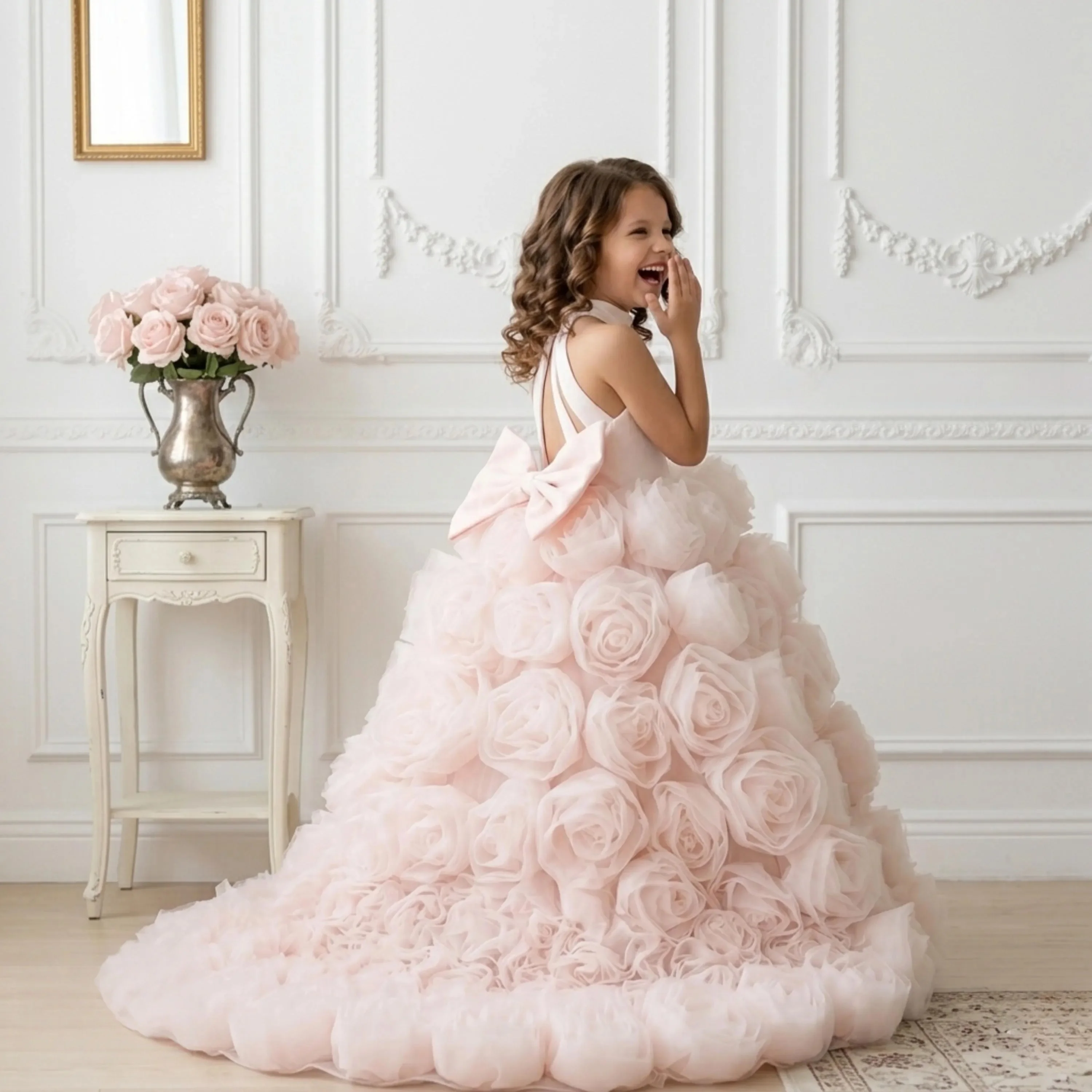 Custom 3D flower mesh girls dress halterneck backless large satin dance bow floor-length wedding dress flower girl formal dress
Custom 3D flower mesh girls dress halterneck backless large satin dance bow floor-length wedding dress flower girl formal dress